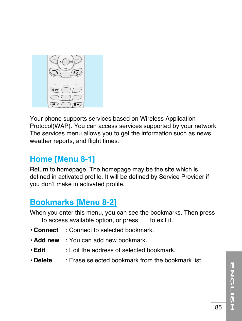 Home [menu 8-1, Bookmarks [menu 8-2 | LG G5220 User Manual | Page 85 / 102