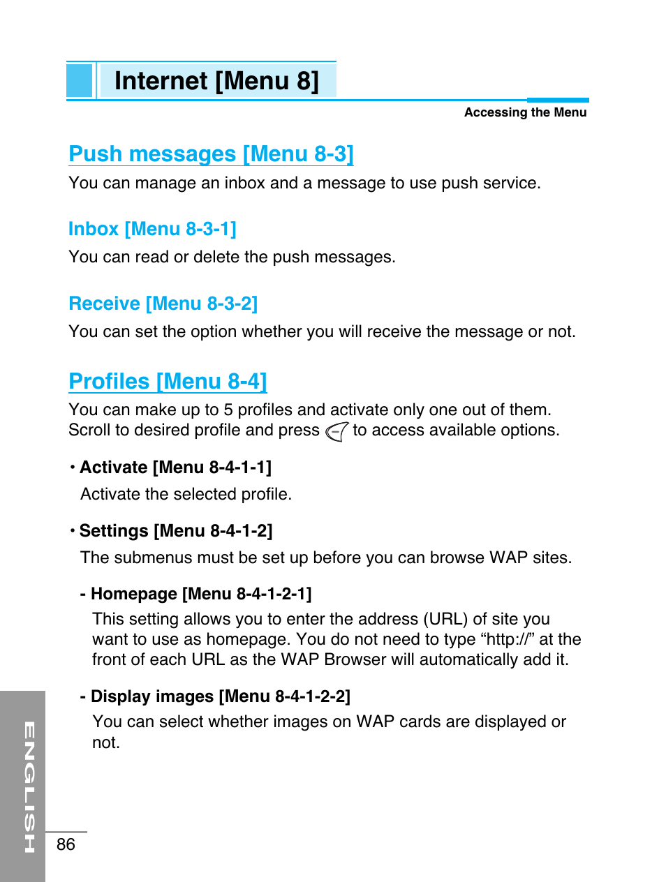 Internet [menu 8, Push messages [menu 8-3, Profiles [menu 8-4 | LG G5220 User Manual | Page 86 / 102