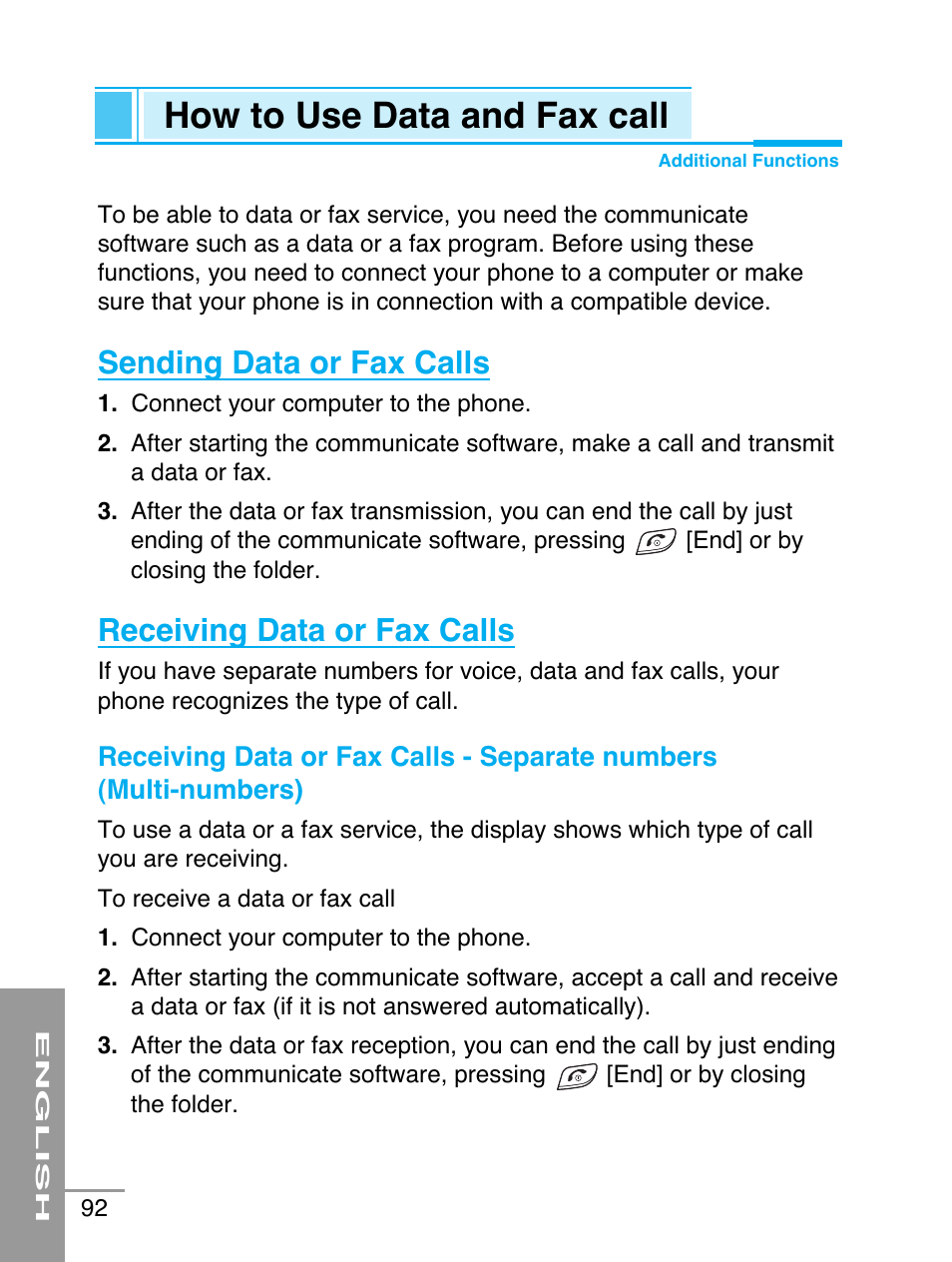 How to use data and fax call, Sending data or fax calls, Receiving data or fax calls | LG G5220 User Manual | Page 92 / 102