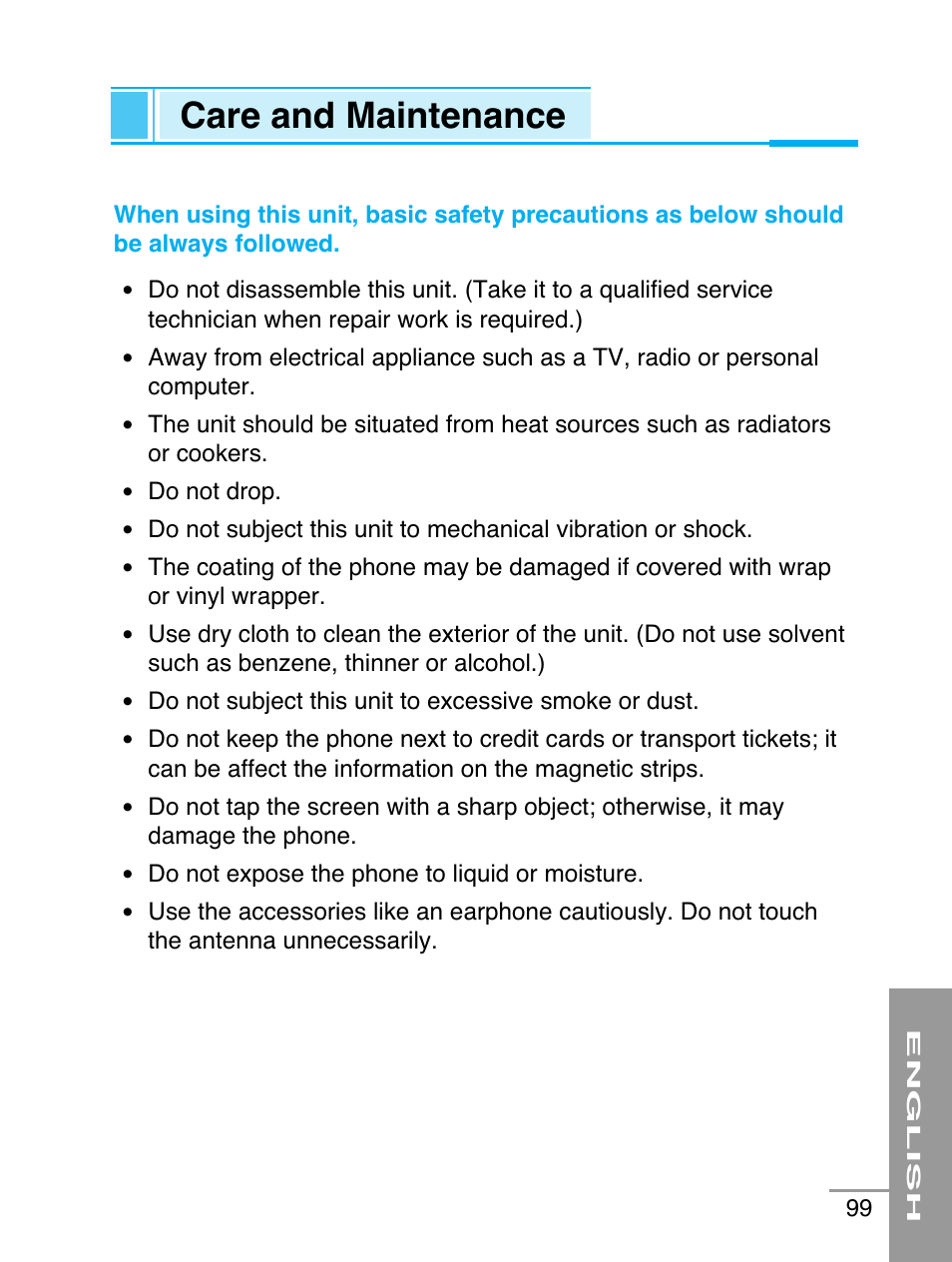 Care and maintenance | LG G5220 User Manual | Page 99 / 102