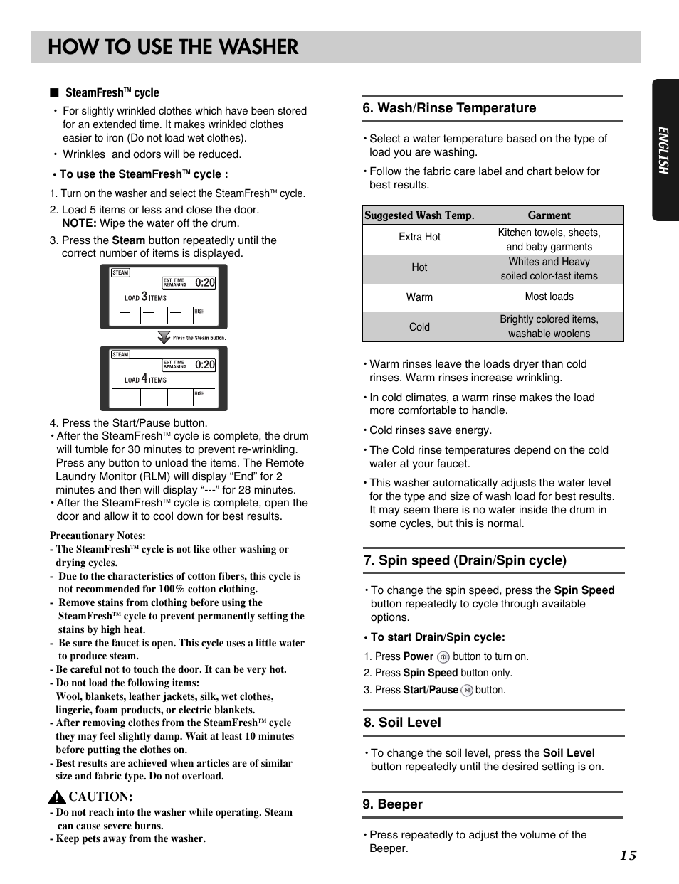 How to use the washer, Caution, Beeper | Wash/rinse temperature, Spin speed (drain/spin cycle), Soil level | LG WM2688H series User Manual | Page 16 / 48