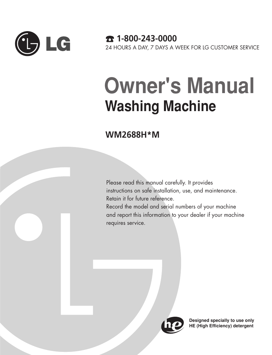 Owner's manual, Washing machine | LG WM2688H series User Manual | Page 2 / 48