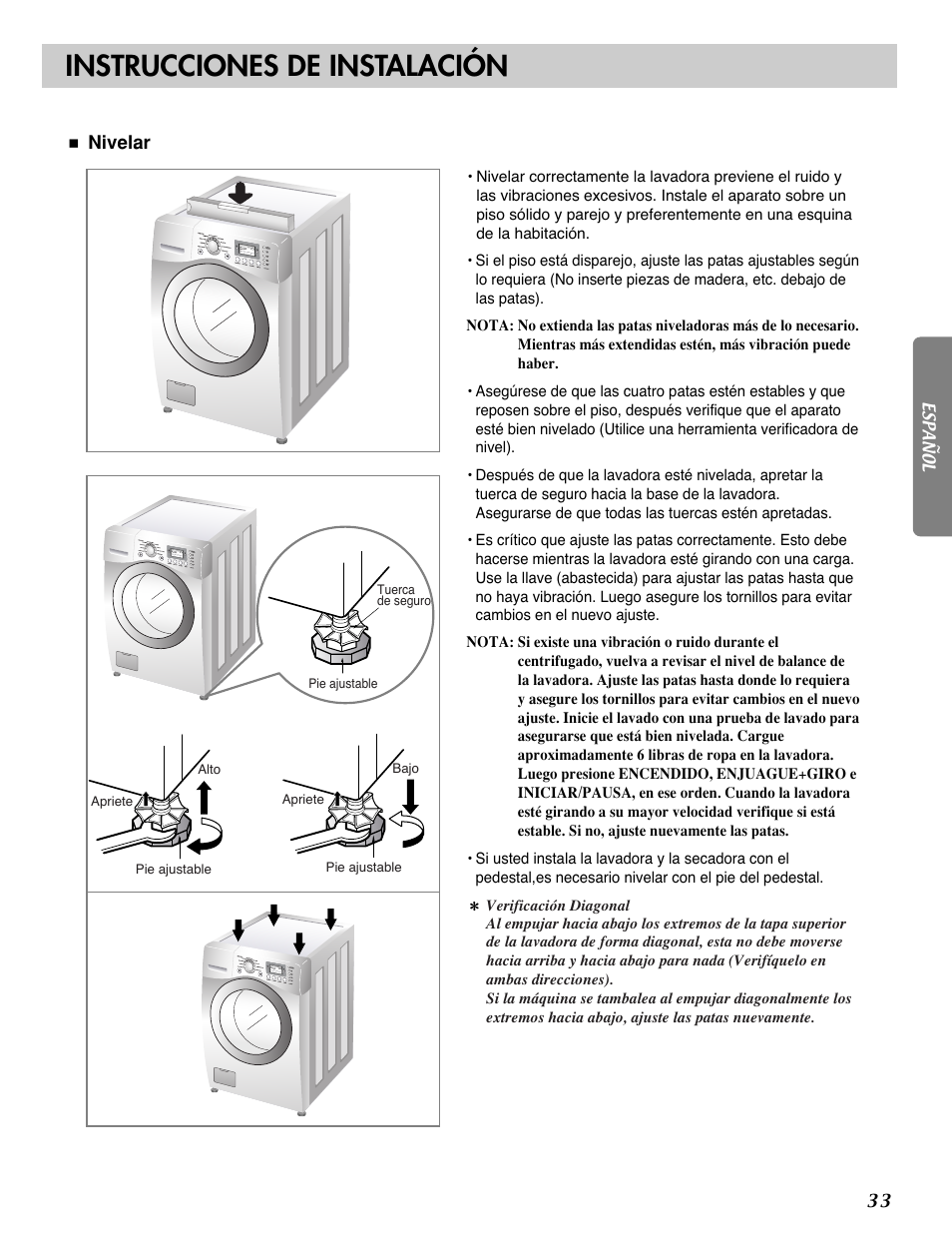 Instrucciones de instalación, Nivelar | LG WM2688H series User Manual | Page 34 / 48