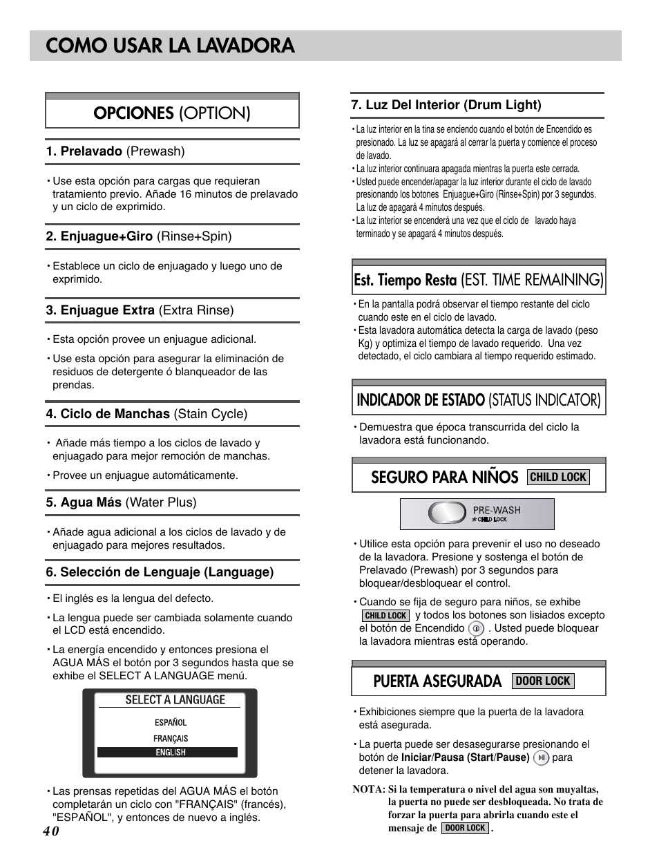 Como usar la lavadora, Indicador de estado (status indicator), Est. tiempo resta (est. time remaining) | LG WM2688H series User Manual | Page 41 / 48