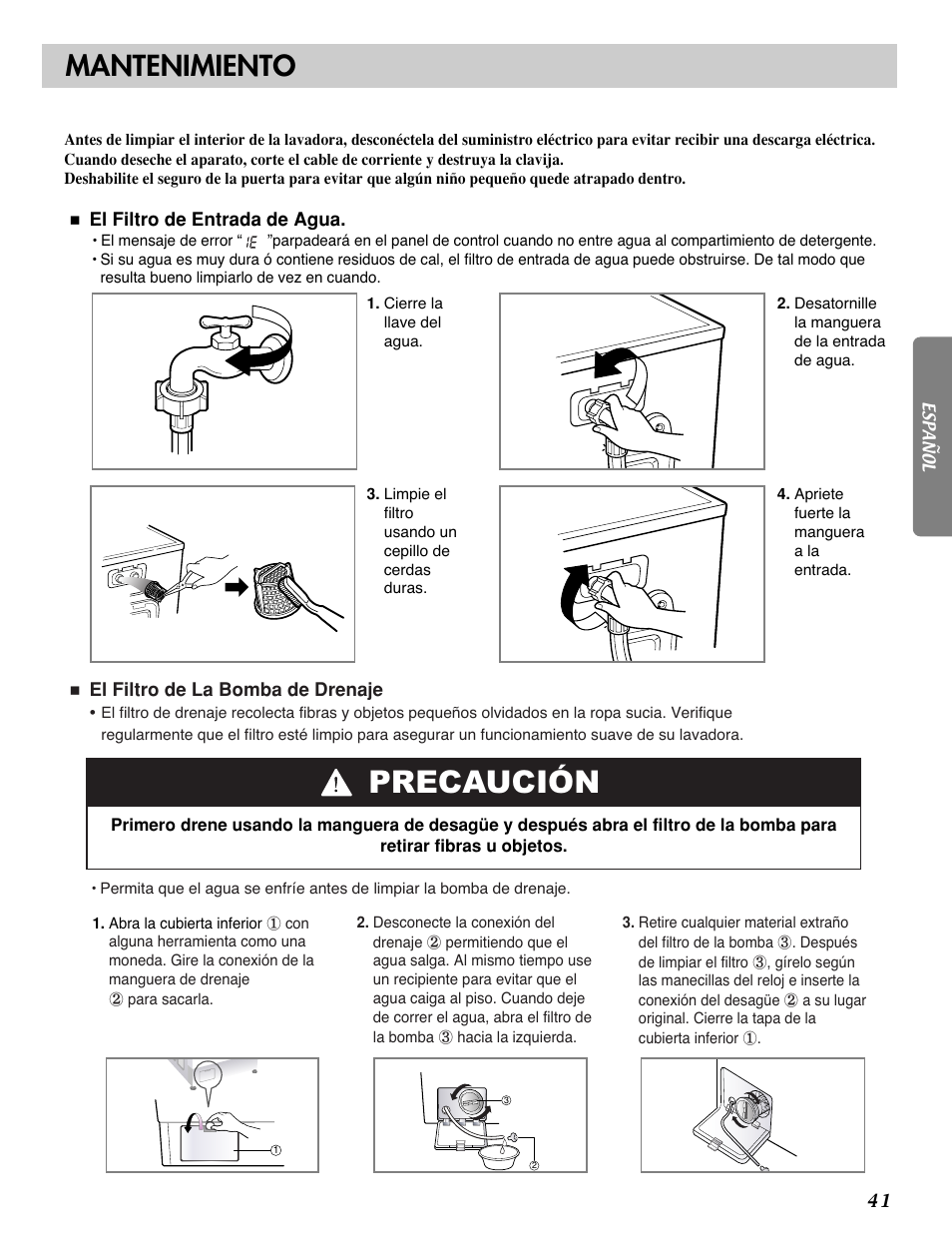 Precaución, Mantenimiento | LG WM2688H series User Manual | Page 42 / 48