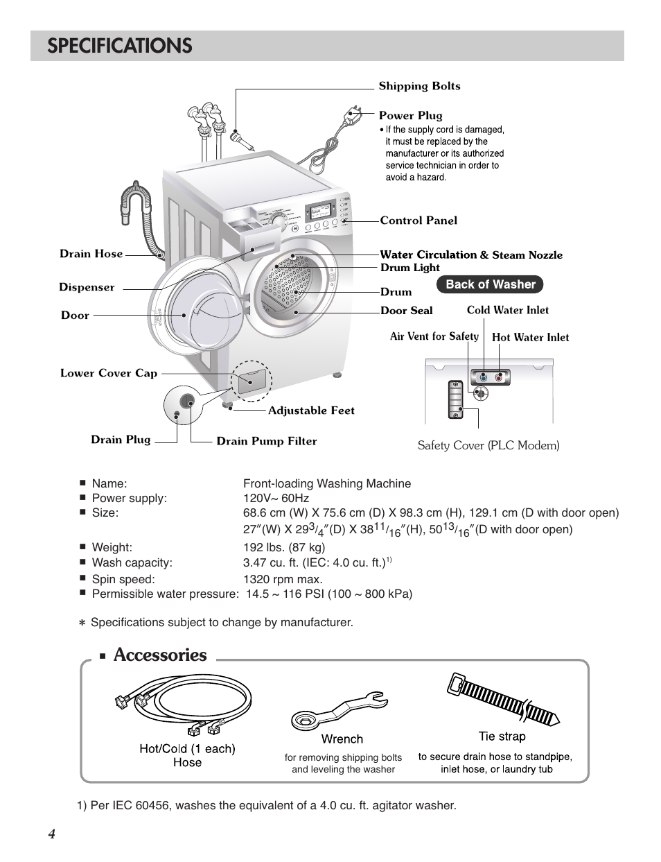 Specifications, Accessories | LG WM2688H series User Manual | Page 5 / 48