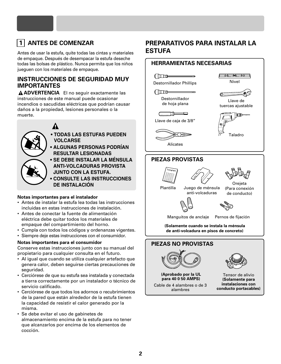 Sección 1 seguridad, Advertencia, Preparativos para instalar la estufa | Antes de comenzar, Instrucciones de seguridad muy importantes | LG LRE30755S User Manual | Page 10 / 16
