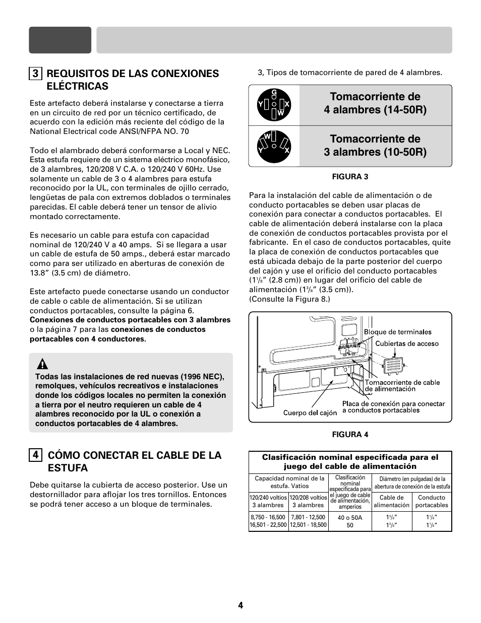 Sección 3 conexiones eléctricas, Advertencia, Cómo conectar el cable de la estufa | Requisitos de las conexiones eléctricas | LG LRE30755S User Manual | Page 12 / 16