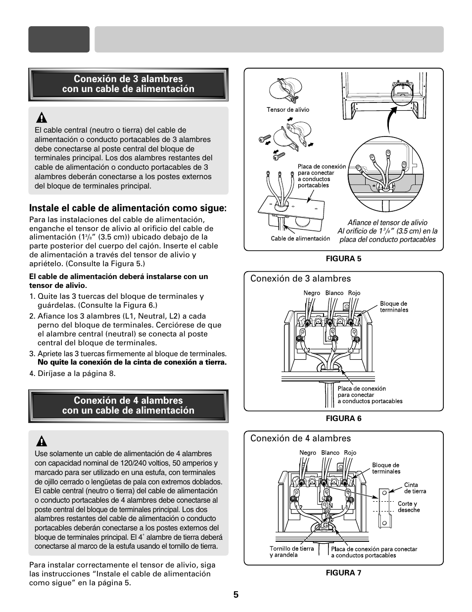 Sección 3 conexiones eléctricas, Advertencia, Instale el cable de alimentación como sigue | LG LRE30755S User Manual | Page 13 / 16