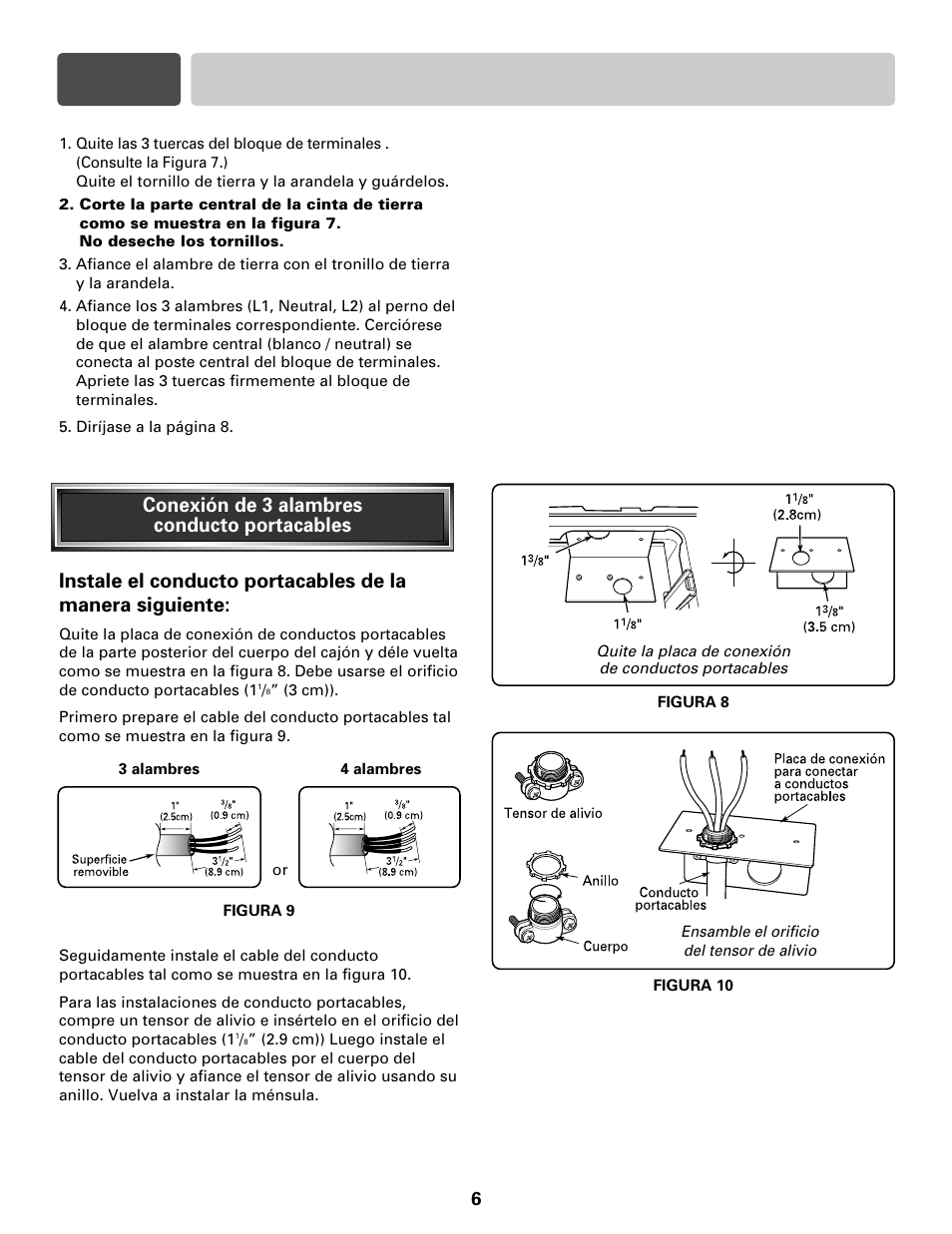 Sección 3 conexiones eléctricas, Conexión de 3 alambres conducto portacables | LG LRE30755S User Manual | Page 14 / 16