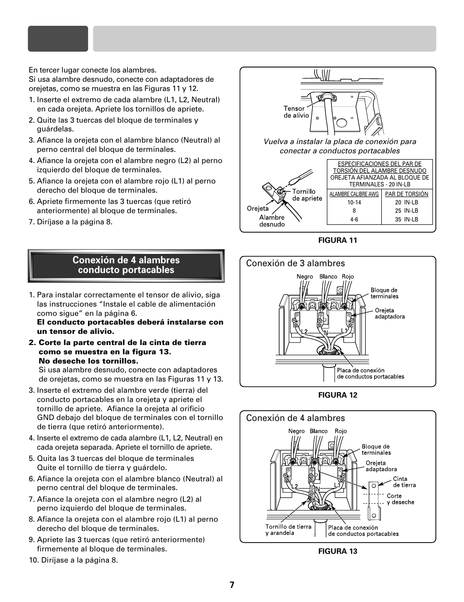 Sección 3 conexiones eléctricas, Conexión de 4 alambres conducto portacables, Conexión de 3 alambres | Conexión de 4 alambres | LG LRE30755S User Manual | Page 15 / 16