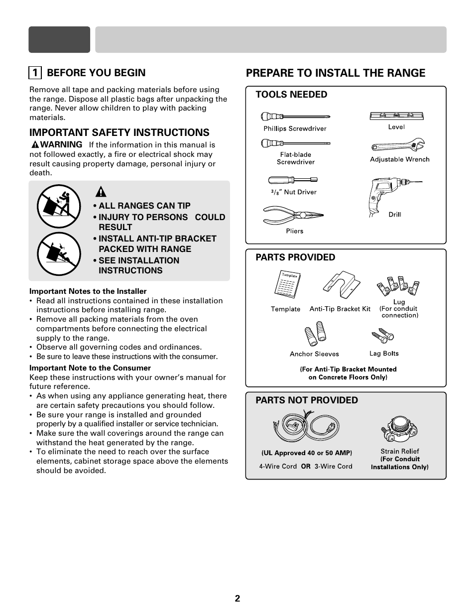 Part 1 safety, Warning, Prepare to install the range | LG LRE30755S User Manual | Page 2 / 16