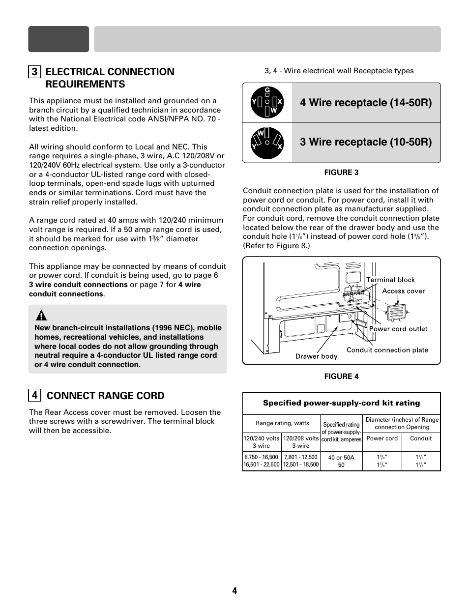 Part 3 electrical connections, Warning, Connect range cord | Electrical connection requirements | LG LRE30755S User Manual | Page 4 / 16