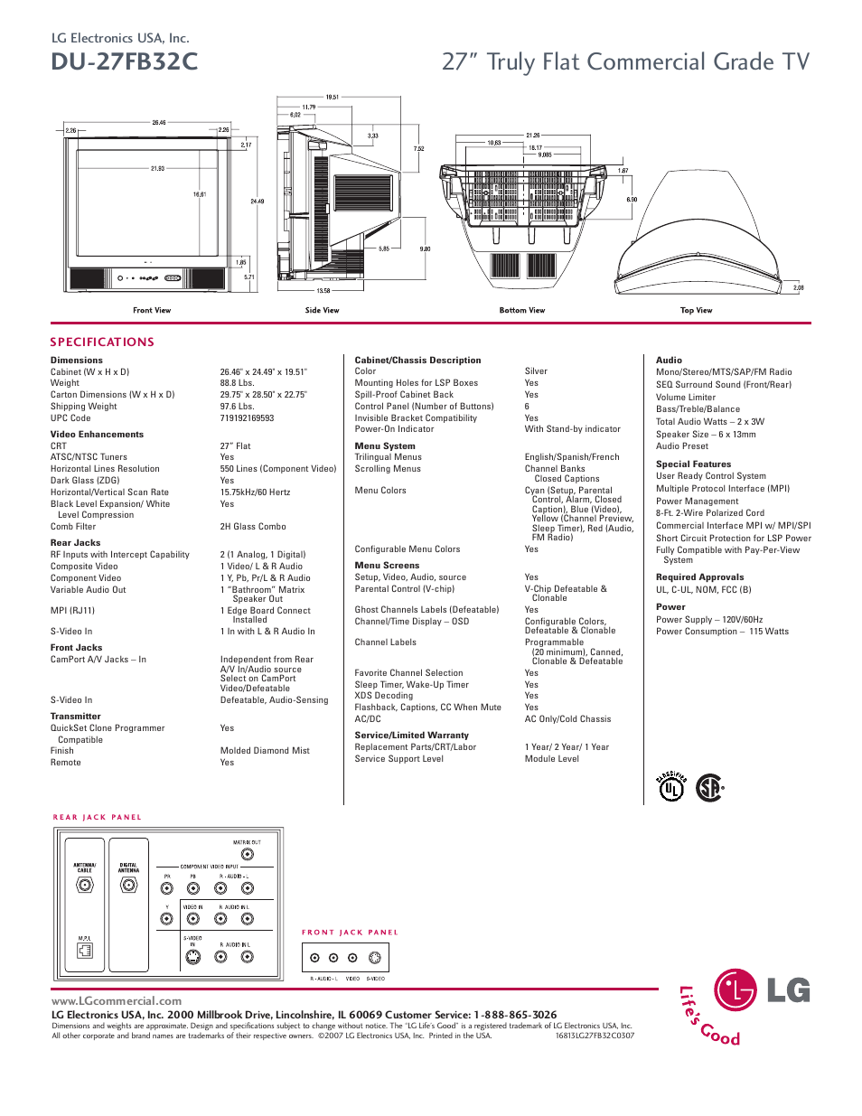 Lg electronics usa, inc, Specifications | LG DU-27FB32C User Manual | Page 2 / 2