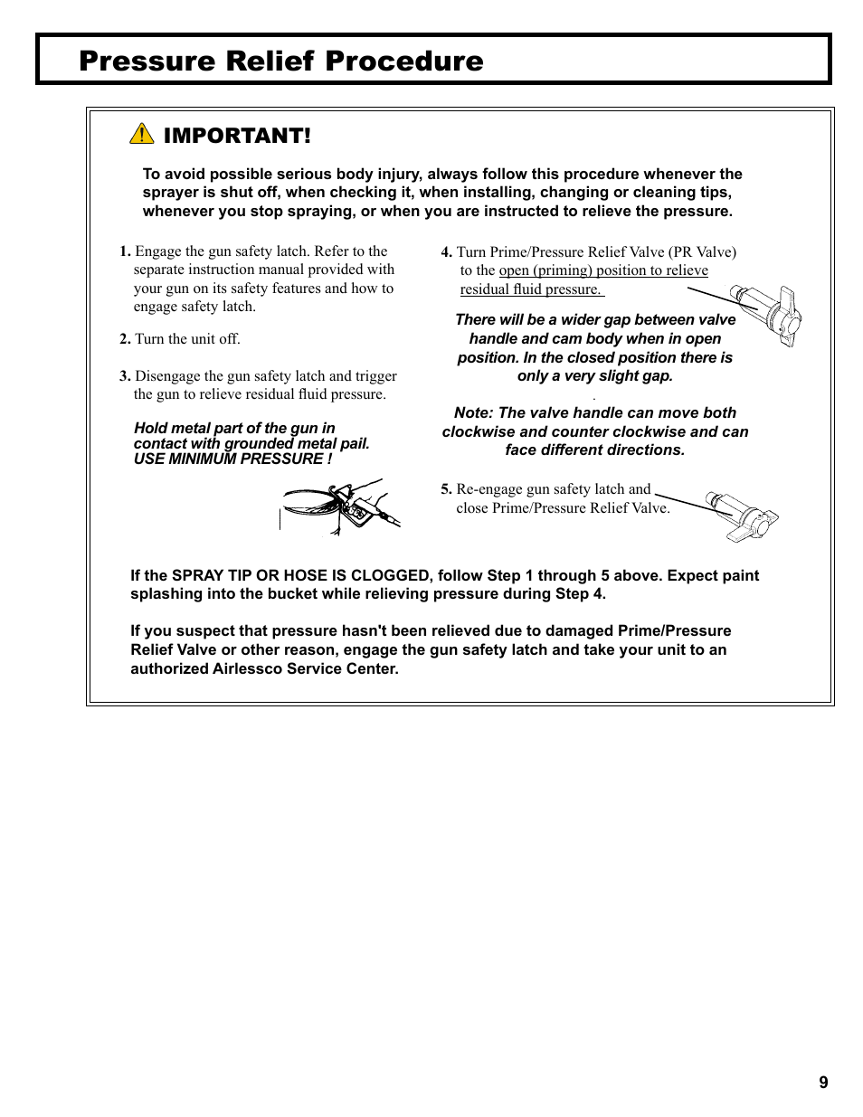 Pressure relief procedure, Important | AIRLESSCO Spray & Stripe 3600 User Manual | Page 11 / 32