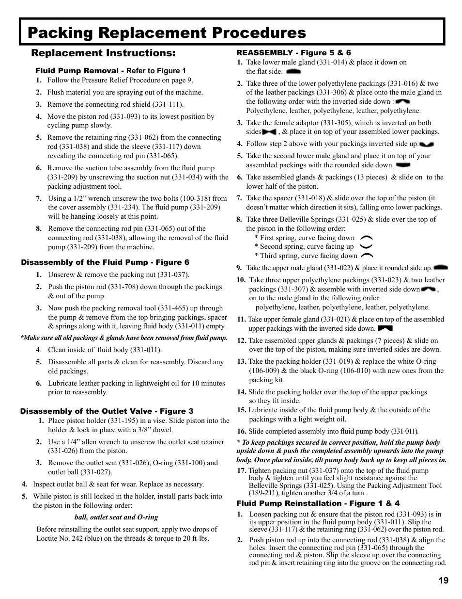 Packing replacement procedures, Replacement instructions | AIRLESSCO Spray & Stripe 3600 User Manual | Page 21 / 32