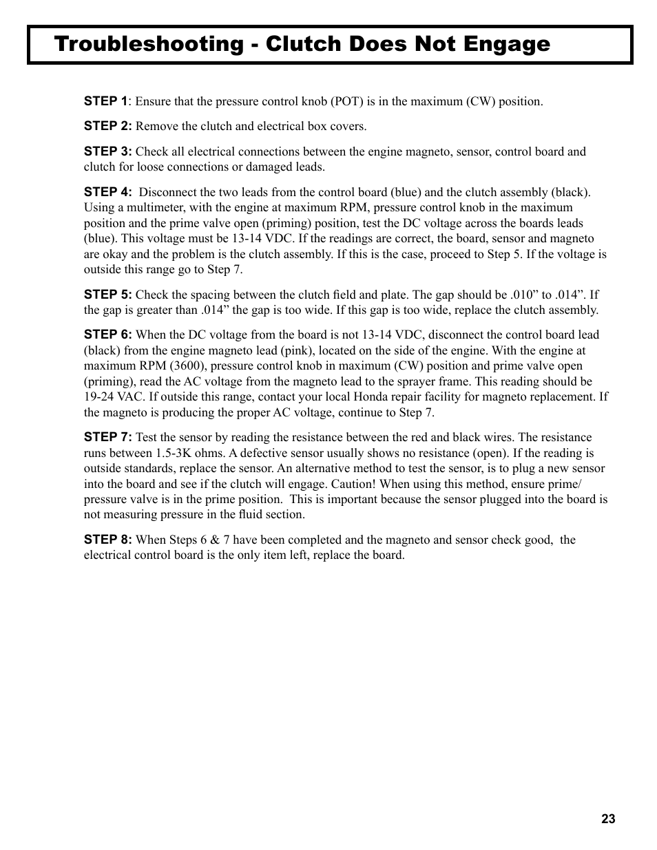 Troubleshooting - clutch does not engage | AIRLESSCO Spray & Stripe 3600 User Manual | Page 25 / 32