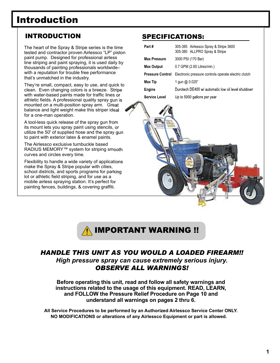 Introduction, Important warning, Introduction specifications | AIRLESSCO Spray & Stripe 3600 User Manual | Page 3 / 32