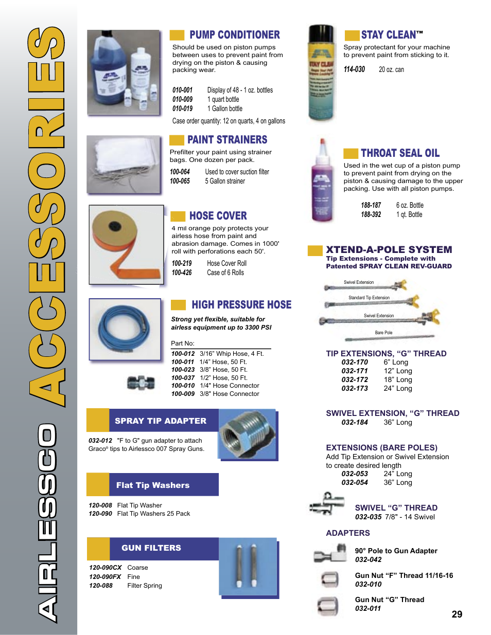 Accessories, Stay clean, Throat seal oil | Pump conditioner, Paint strainers, High pressure hose, Hose cover | AIRLESSCO Spray & Stripe 3600 User Manual | Page 31 / 32