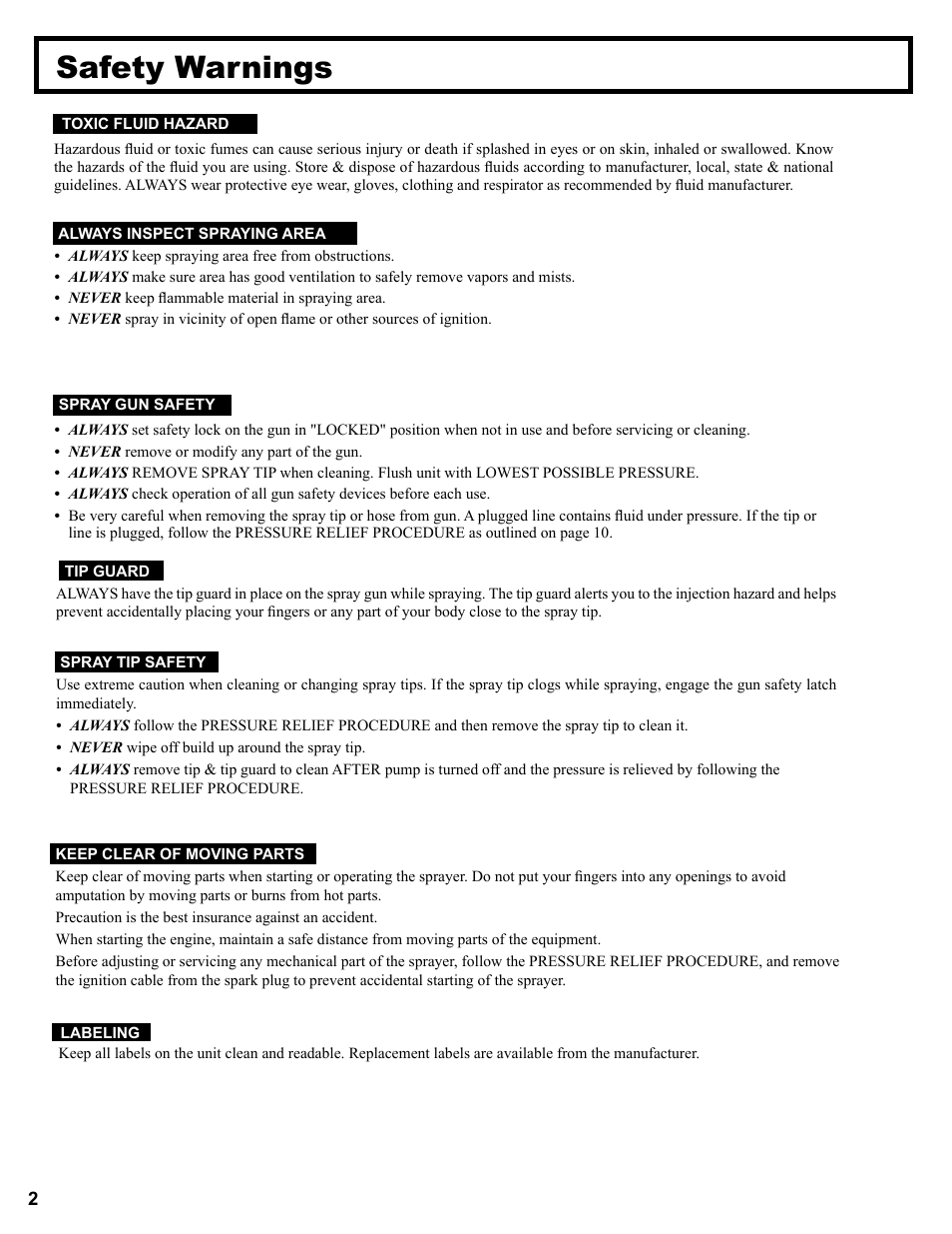 Safety warnings | AIRLESSCO Spray & Stripe 3600 User Manual | Page 4 / 32