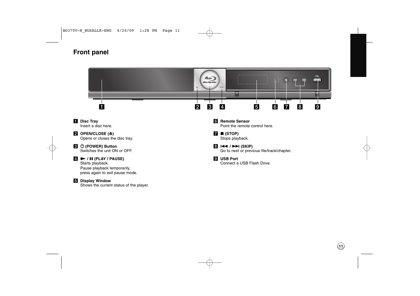 Front panel | LG BD-370 User Manual | Page 11 / 56