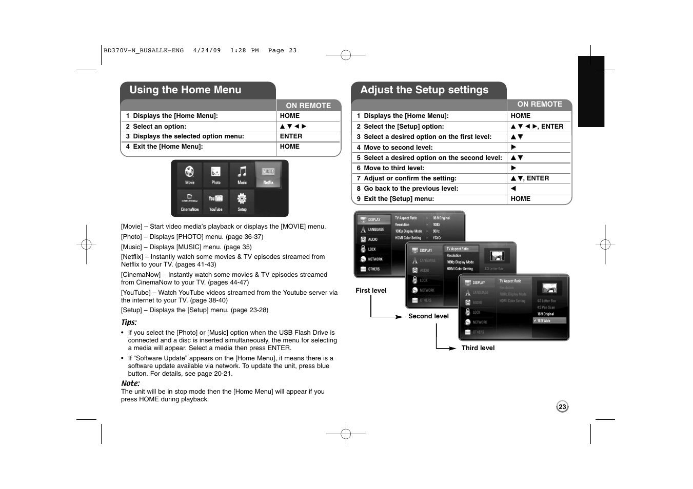 Using the home menu, Adjust the setup settings | LG BD-370 User Manual | Page 23 / 56