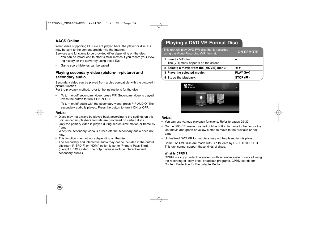 Playing a dvd vr format disc | LG BD-370 User Manual | Page 34 / 56