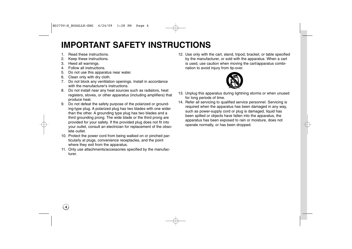 Important safety instructions | LG BD-370 User Manual | Page 4 / 56