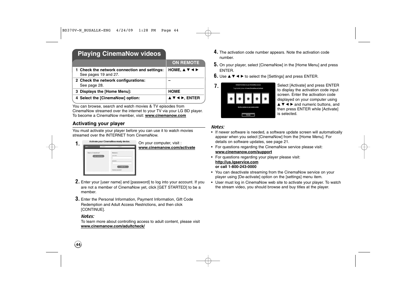 Playing cinemanow videos | LG BD-370 User Manual | Page 44 / 56