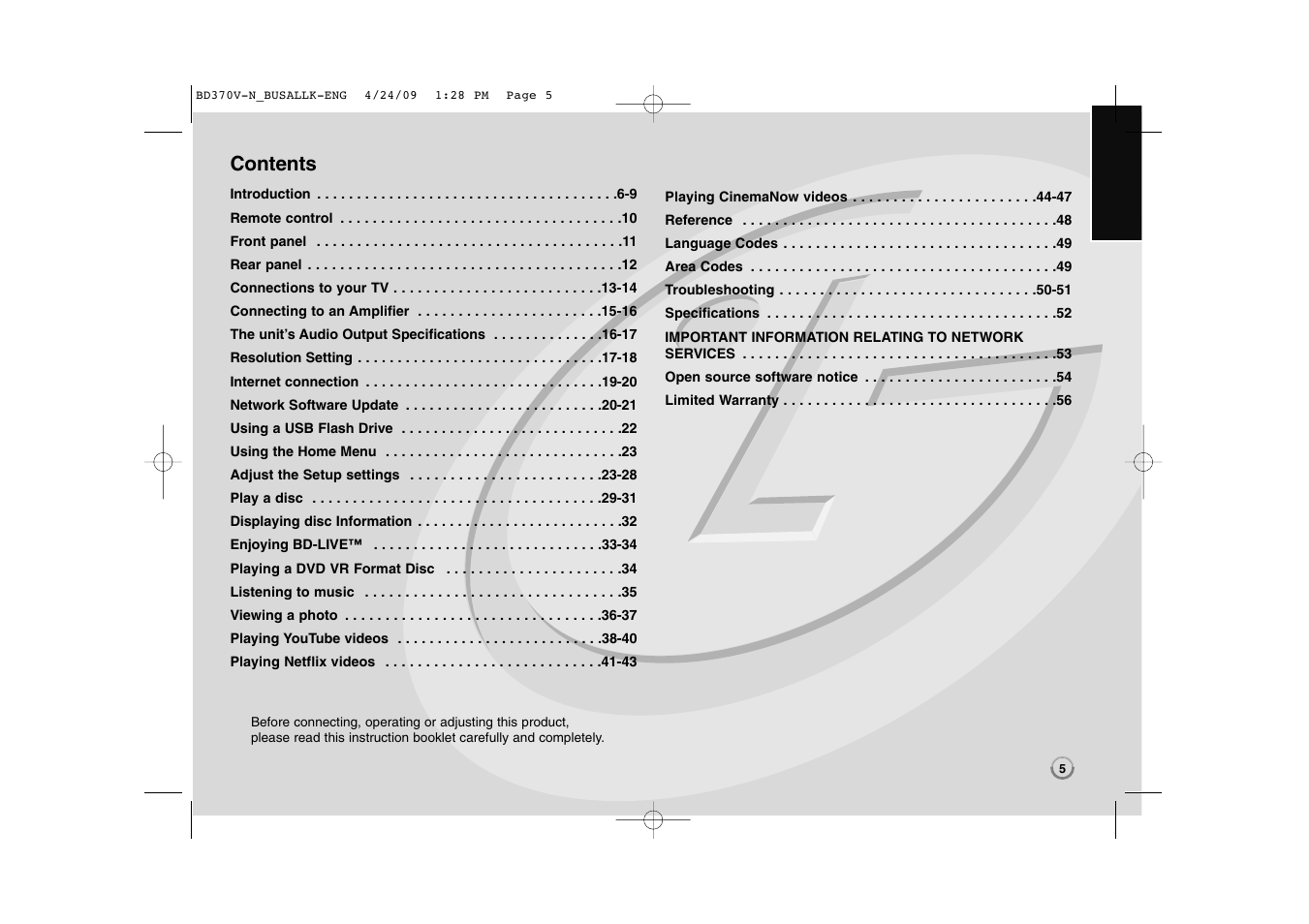 LG BD-370 User Manual | Page 5 / 56