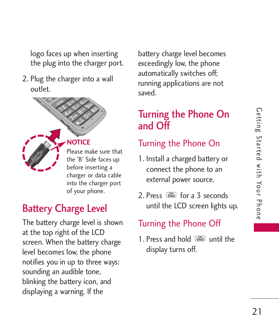 Battery charge level, Turning the phone on and off, Turning the phone on | Turning the phone off | LG Wine II MMBB0386201 User Manual | Page 23 / 121