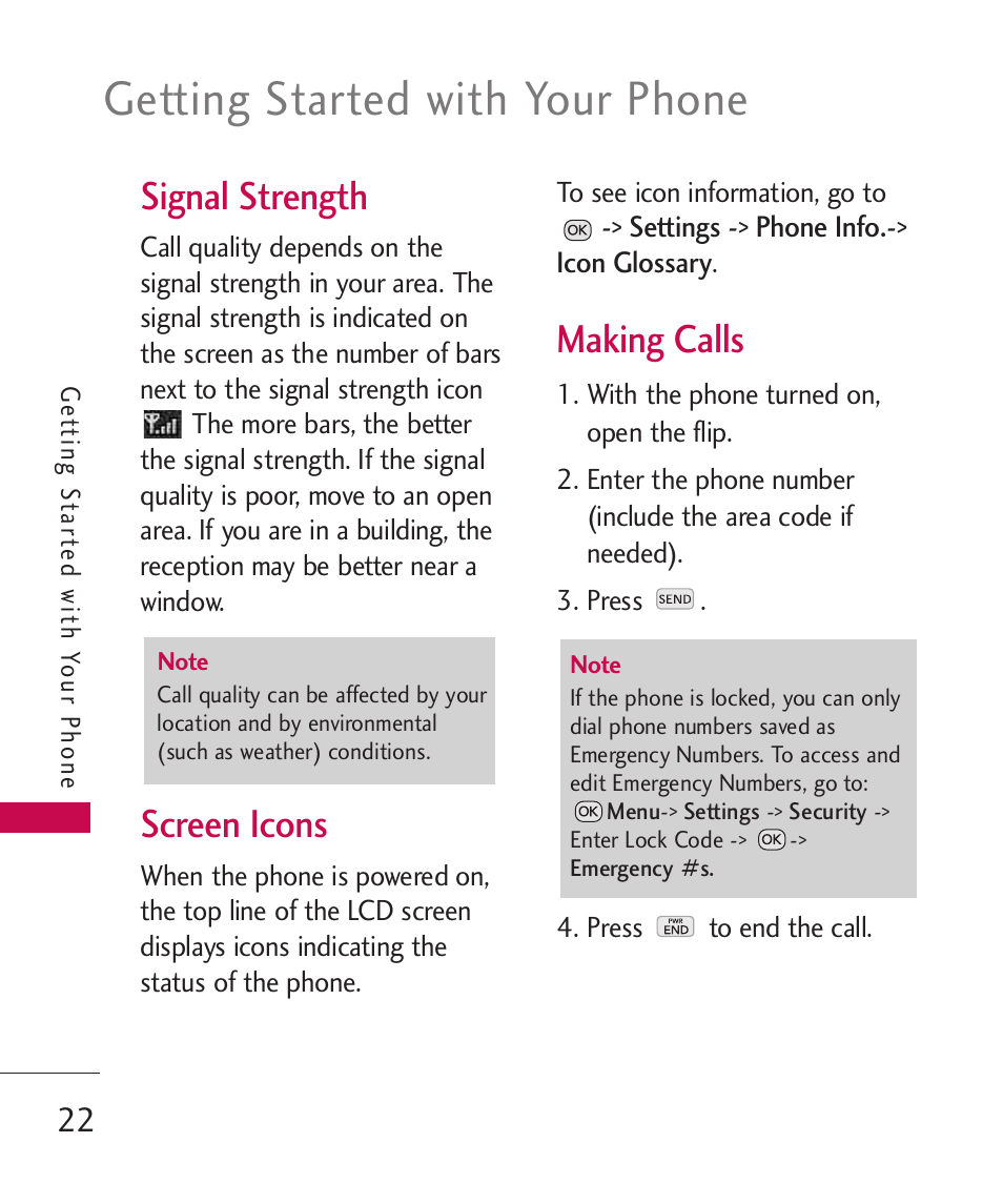 Getting started with your phone, Signal strength, Screen icons | Making calls | LG Wine II MMBB0386201 User Manual | Page 24 / 121