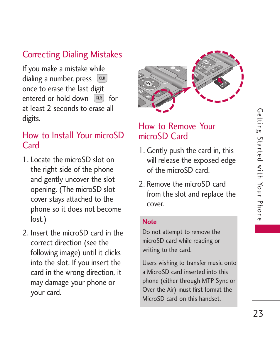 Correcting dialing mistakes, How to install your microsd card, How to remove your microsd card | LG Wine II MMBB0386201 User Manual | Page 25 / 121