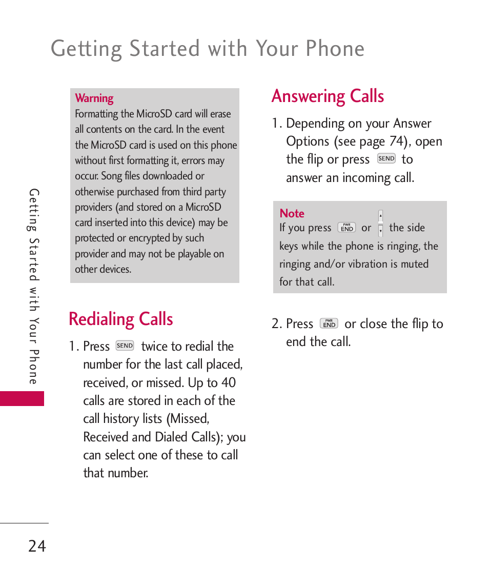 Getting started with your phone, Redialing calls, Answering calls | LG Wine II MMBB0386201 User Manual | Page 26 / 121