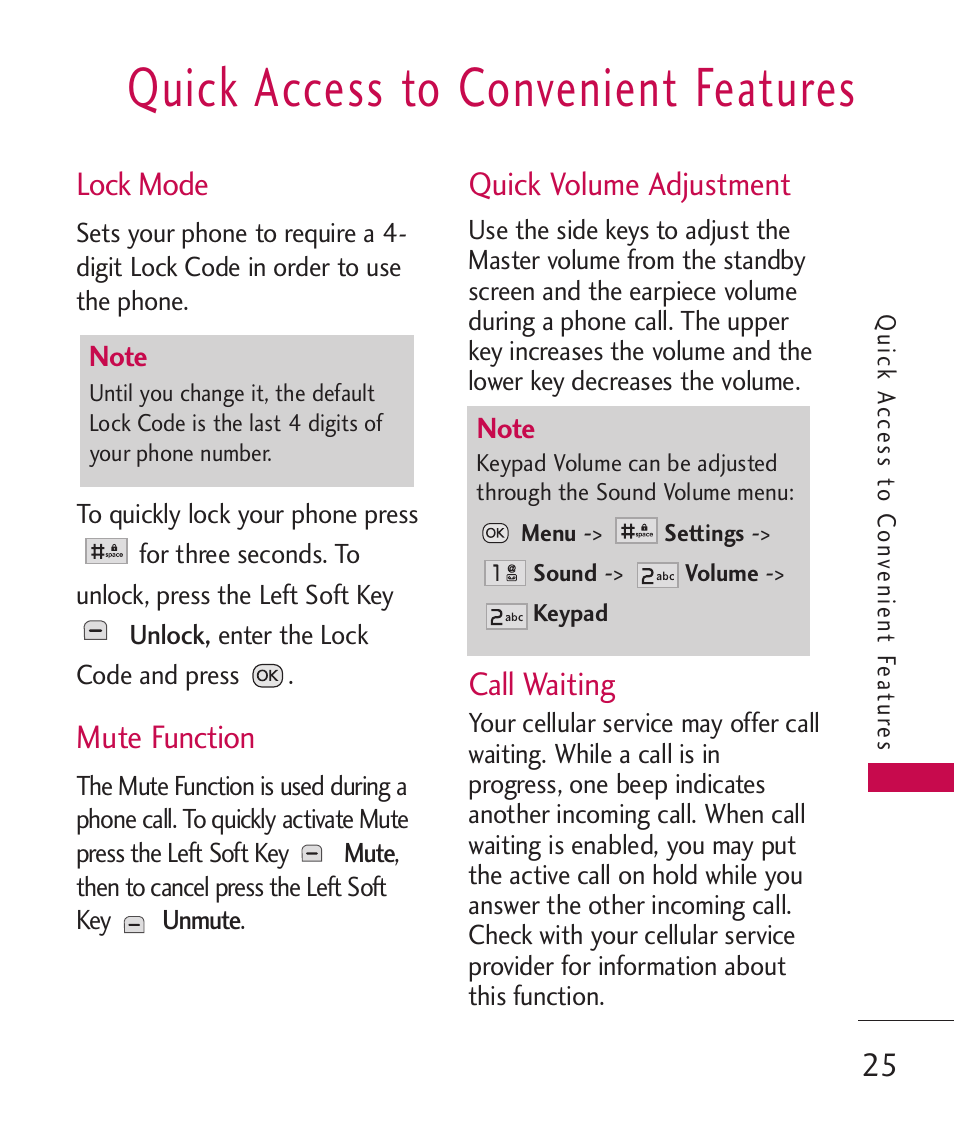 Quick access to convenient features, Lock mode, Mute function | Quick volume adjustment, Call waiting | LG Wine II MMBB0386201 User Manual | Page 27 / 121