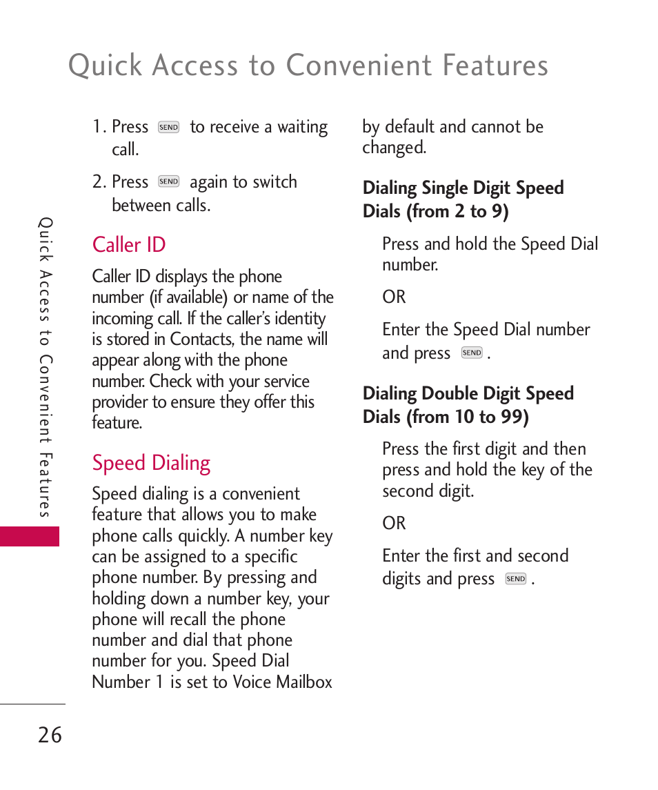 Quick access to convenient features, Caller id, Speed dialing | LG Wine II MMBB0386201 User Manual | Page 28 / 121