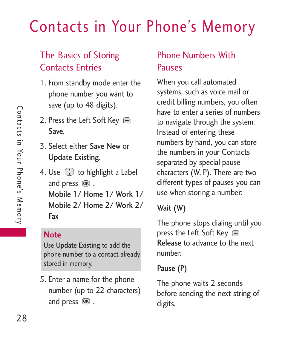 The basics of storing contacts entries, Phone numbers with pauses | LG Wine II MMBB0386201 User Manual | Page 30 / 121