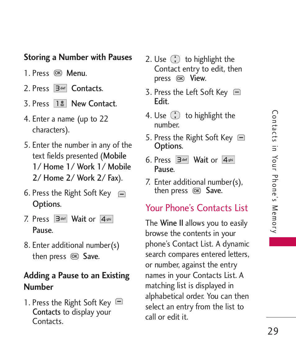 Your phone’s contacts list | LG Wine II MMBB0386201 User Manual | Page 31 / 121