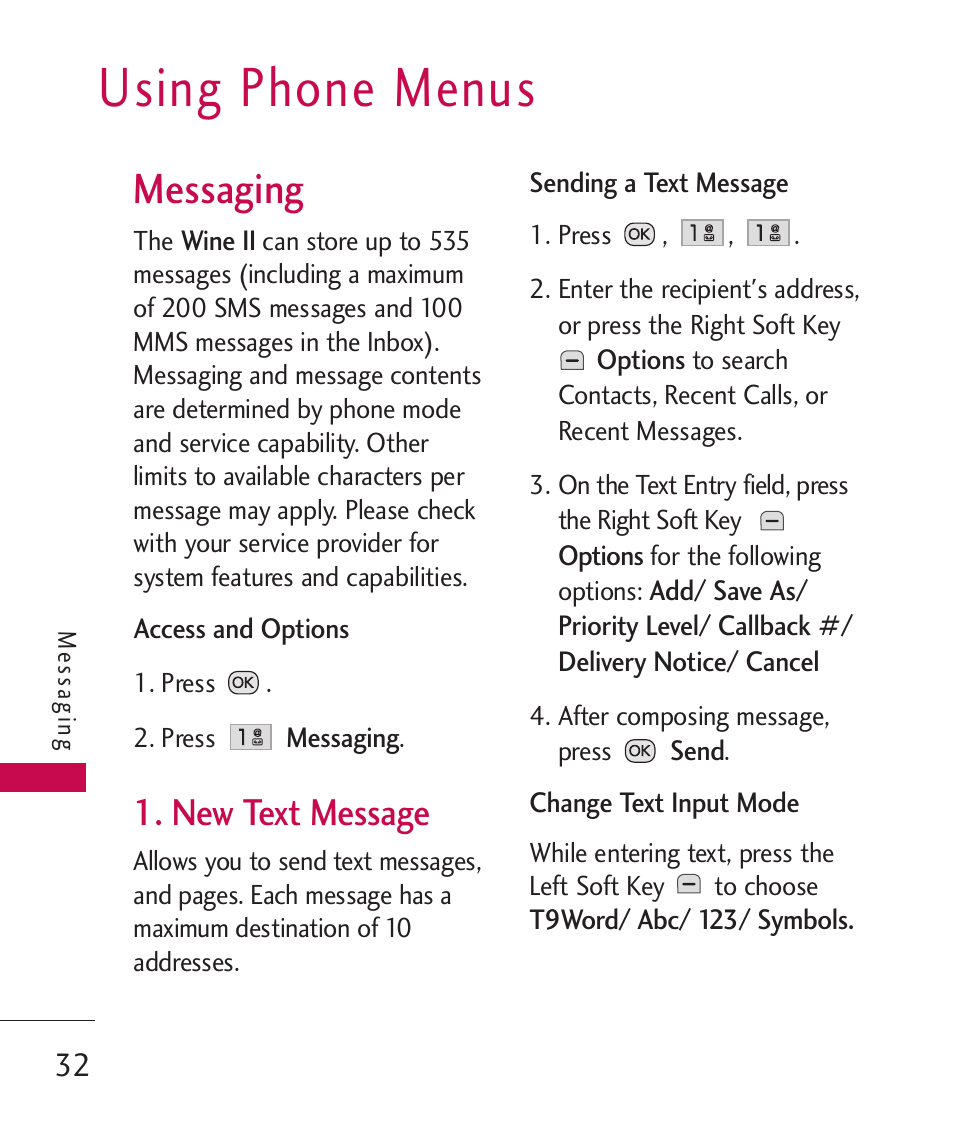 Using phone menus, Messaging, New text message | LG Wine II MMBB0386201 User Manual | Page 34 / 121