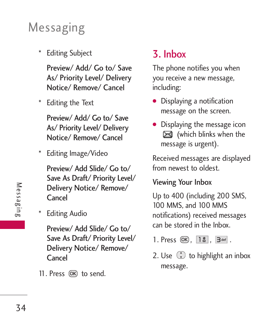 Messaging, Inbox | LG Wine II MMBB0386201 User Manual | Page 36 / 121