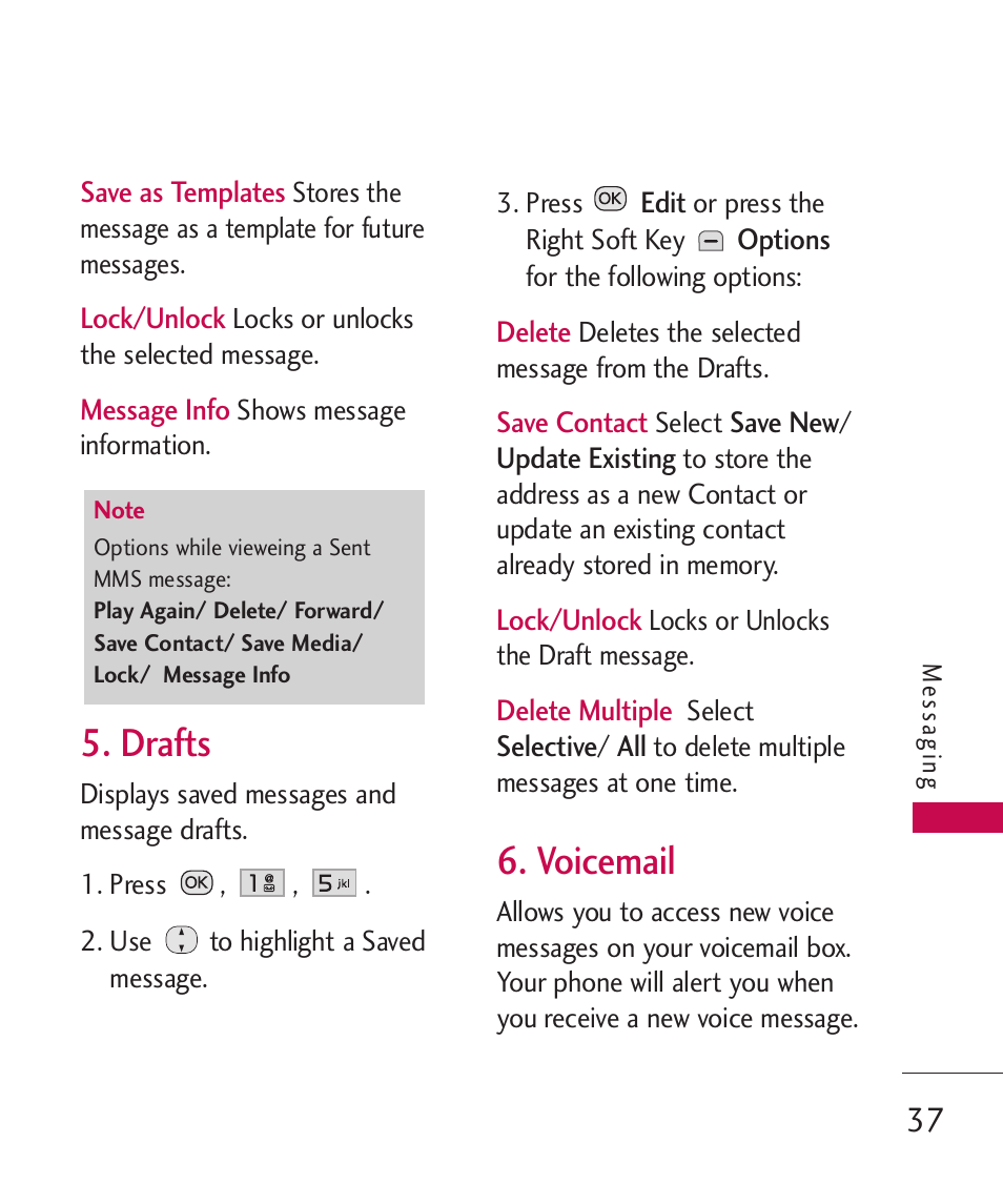 Drafts, Voicemail | LG Wine II MMBB0386201 User Manual | Page 39 / 121