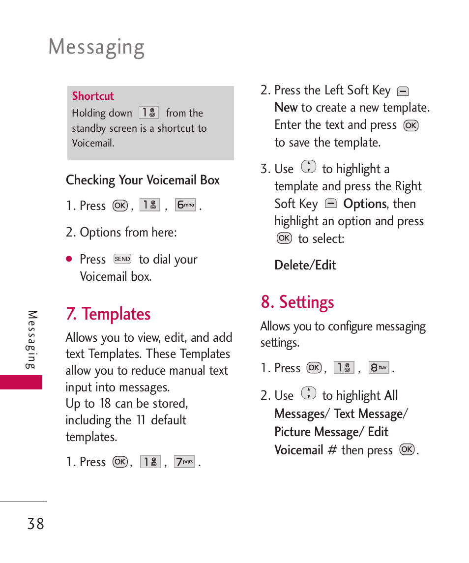 Messaging, Templates, Settings | LG Wine II MMBB0386201 User Manual | Page 40 / 121