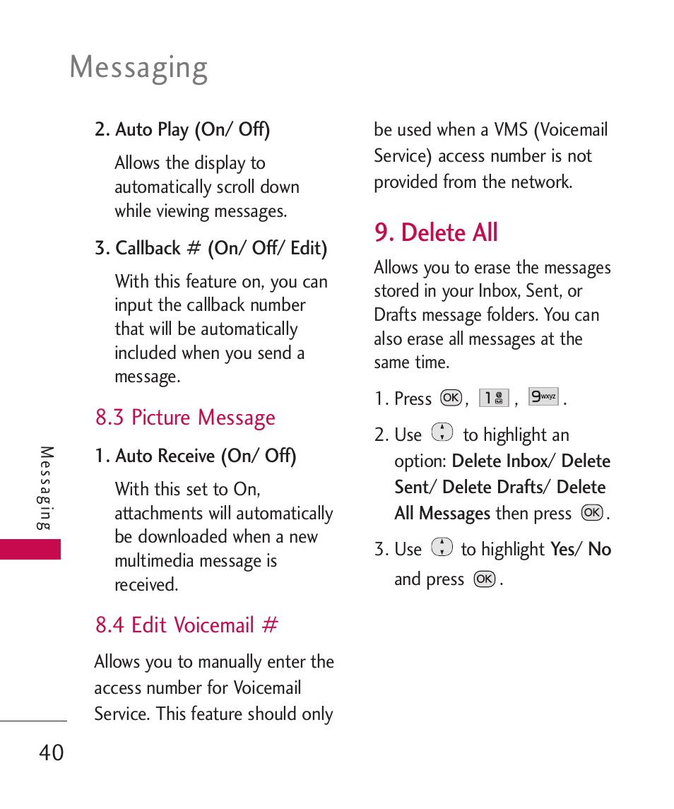 Messaging, Delete all | LG Wine II MMBB0386201 User Manual | Page 42 / 121