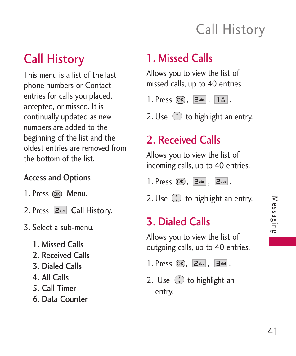 Call history, Missed calls, Received calls | Dialed calls | LG Wine II MMBB0386201 User Manual | Page 43 / 121