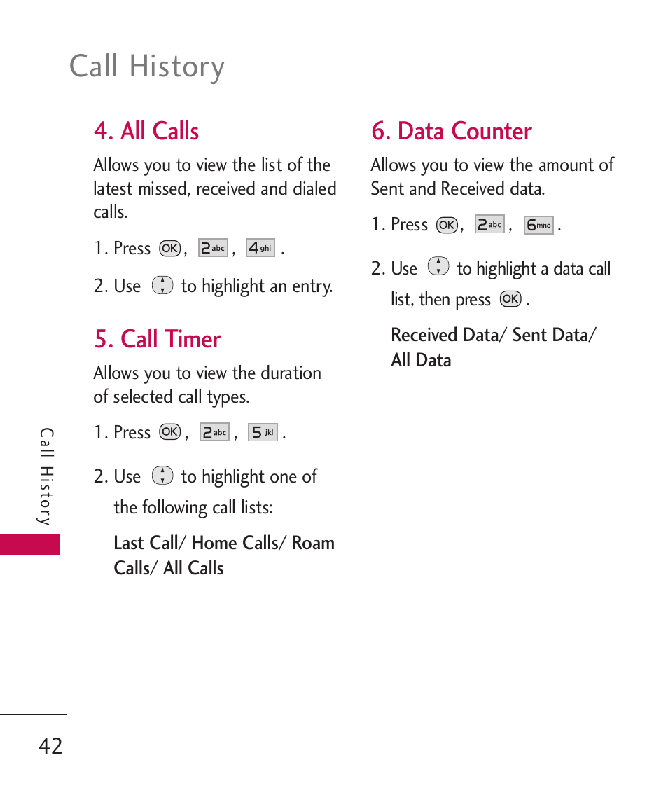 Call history, All calls, Call timer | Data counter | LG Wine II MMBB0386201 User Manual | Page 44 / 121