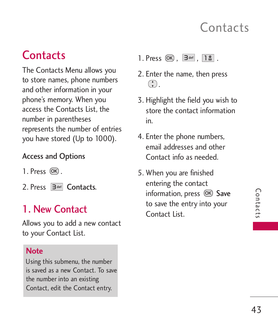 Contacts, New contact | LG Wine II MMBB0386201 User Manual | Page 45 / 121