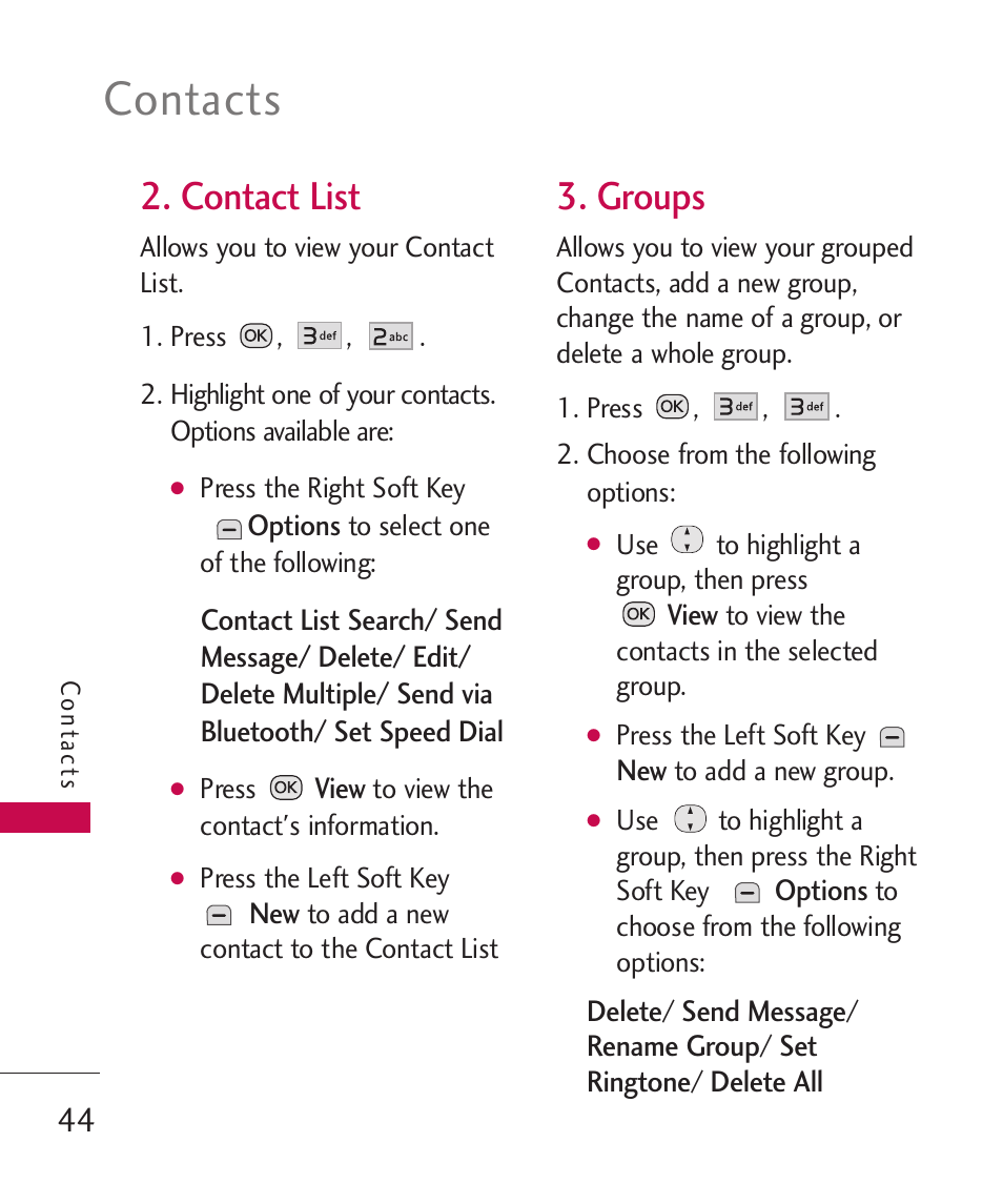 Contacts, Contact list, Groups | LG Wine II MMBB0386201 User Manual | Page 46 / 121