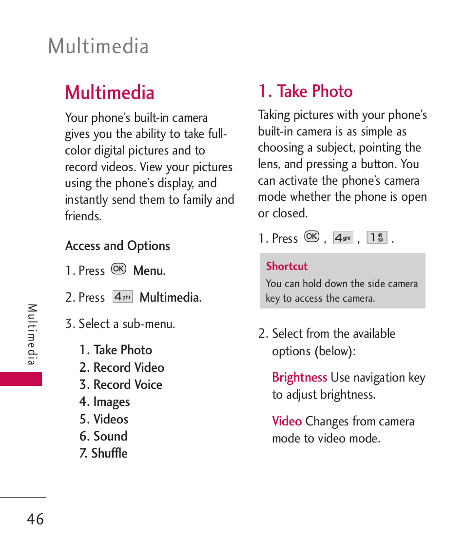 Multimedia, Take photo | LG Wine II MMBB0386201 User Manual | Page 48 / 121