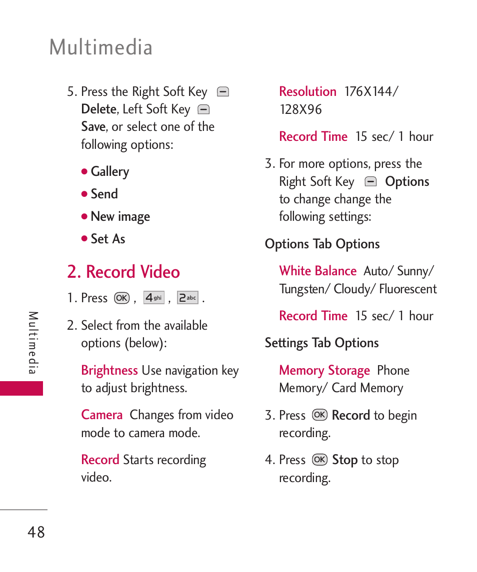 Multimedia, Record video | LG Wine II MMBB0386201 User Manual | Page 50 / 121