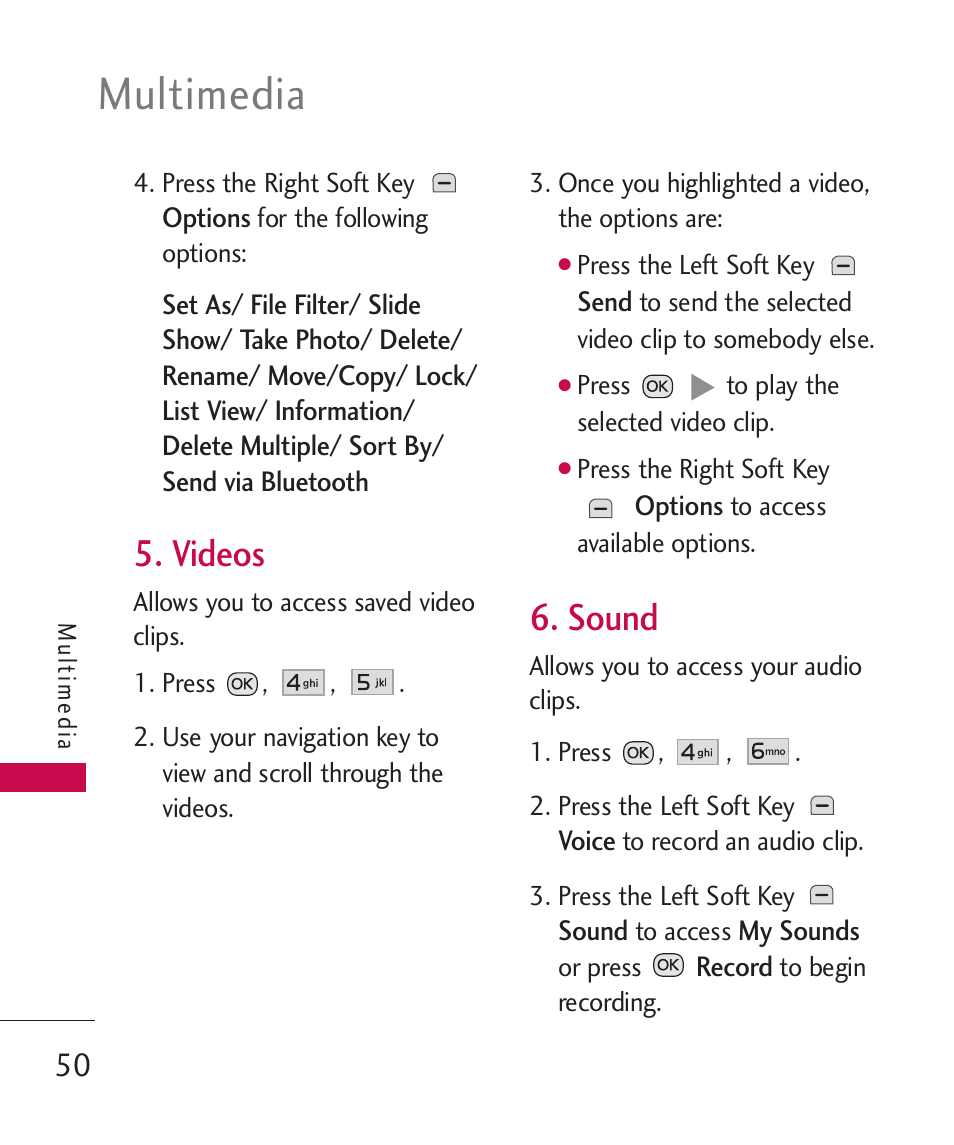 Multimedia, Videos, Sound | LG Wine II MMBB0386201 User Manual | Page 52 / 121